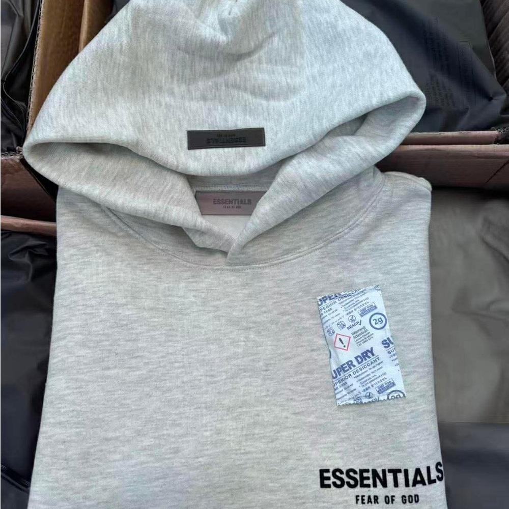 Essentials Light Gray Hoodie with Graphic Patch